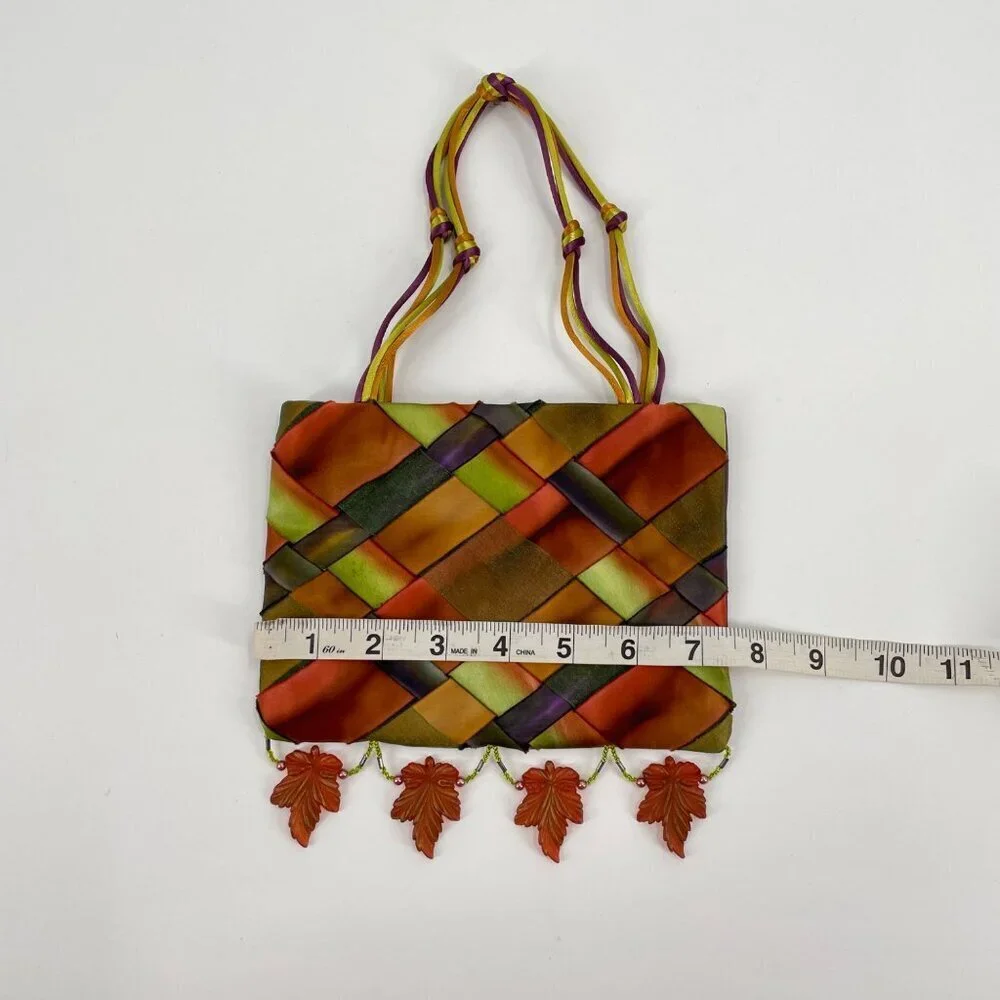 Courtney Taylor Satin Woven Acrylic Leaf Fall Art to Wear Mini Purse Satchel - Picture 5 of 8